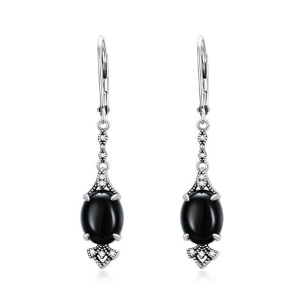 4176 Vintage Black Onyx Earrings 925 Sterling Silver Retro Antique Looking